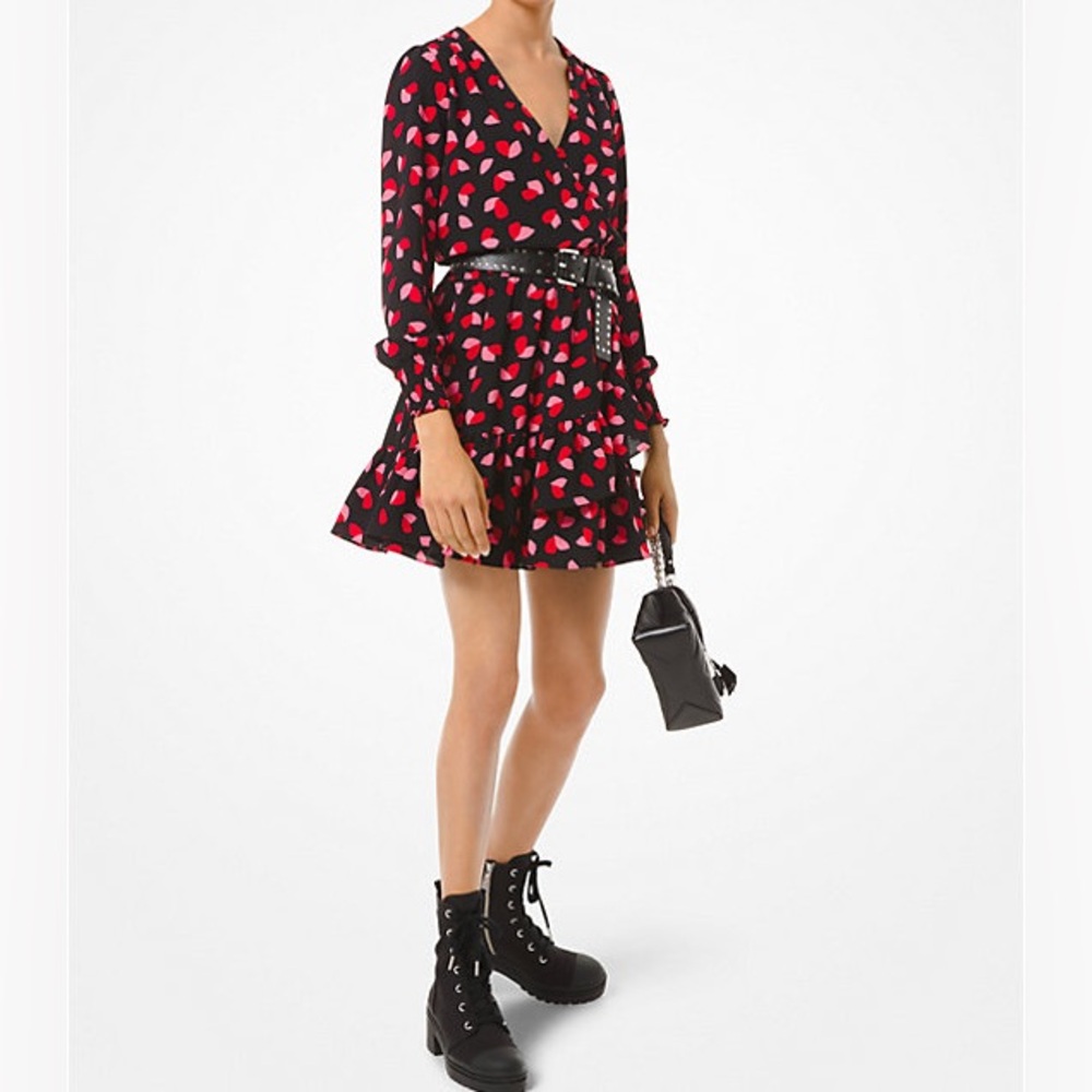 Michael Kors Stylish Black and Red Heart Print Ruffle Dress